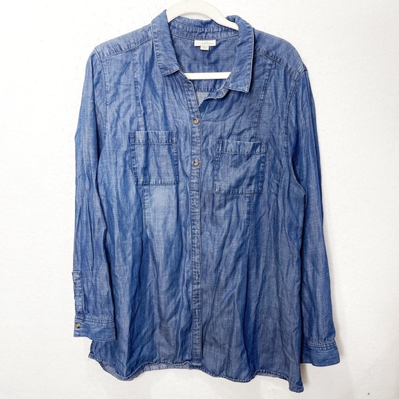 J. Jill Denim Button Down Tunic Chambray Blouse Tencel Lyocell Long Sleeve XL - Picture 1 of 5